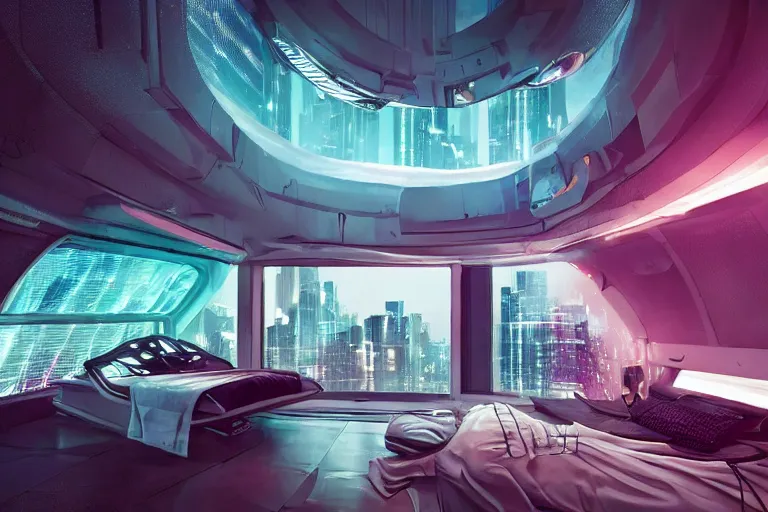 Image similar to a futuristic bedroom with large curved ceiling high windows looking out to a far future cyberpunk cityscape, cyberpunk neon lights, raining, scifi