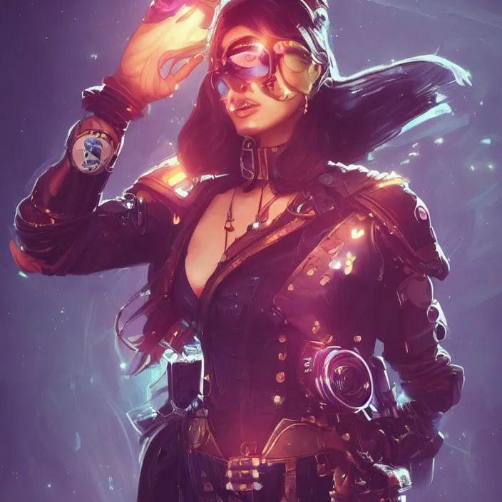 Image similar to a portrait of a space pirate, neon, retro, steampunk, smooth, sharp focus, artstation, concept art by artgerm and Mucha and sky sewa