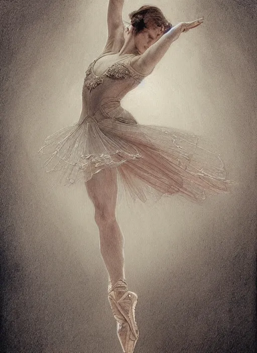 Prompt: a beautifull intricate pencil painting of a dancing ballerina, reflexions, verry high details by william turner art, greg rutkowski and alphonse mucha, trending on artstation, very very detailed, masterpiece, muted colors