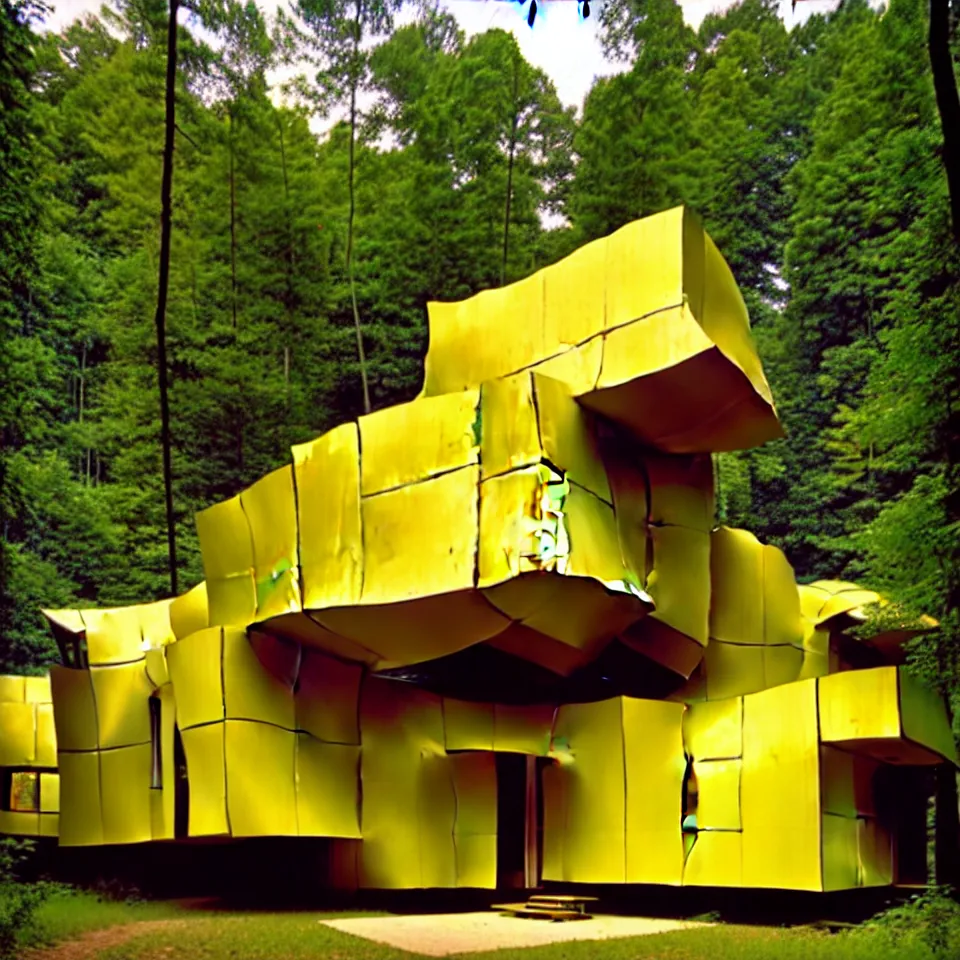 Prompt: a flat leveled house with big tiles in a forest, designed by Frank Gehry and more van der rohe. Film grain, cinematic, yellow hue