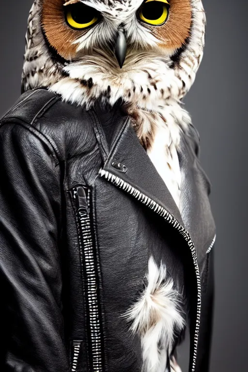 Image similar to cute little owl wearing black biker jacket, portrait photo, backlit, studio photo, dark plasma background