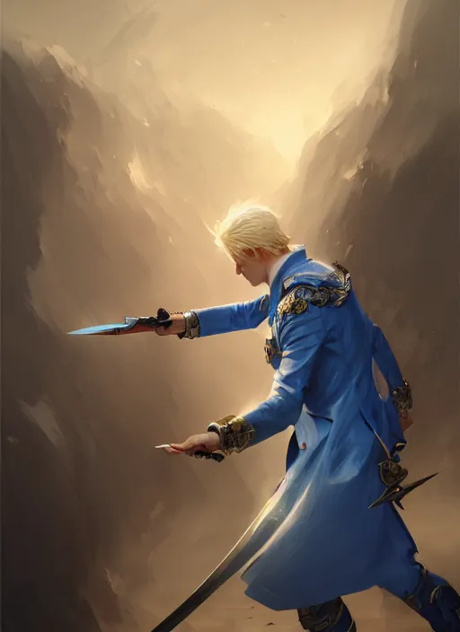 Image similar to blonde man in a blue suit with medals on it wielding a sword and pistol, fantasy, digital painting, d & d, character by artgerm and ruan jia, landscape by greg rutkowski, volumetric light, intricate, sharp, focus, bloom, illustration, highly detailed, concept art, masterpiece