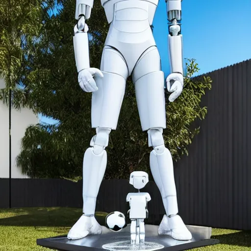 Image similar to a realistic detailed photo of a guy who is an attractive humanoid who is half robot and half humanoid, who is a male android, soccer player martin ødegaard, shiny skin, posing like a statue, blank stare, by the pool, on display, showing off his muscles, humanoid robot, frozen ice statue