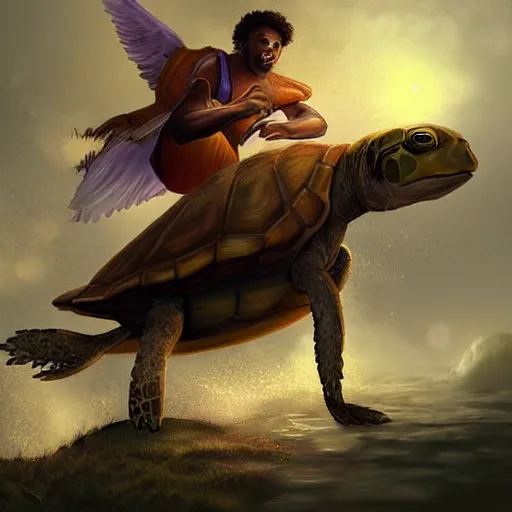 Image similar to kobe byrant riding on a turtle in heaven, amazing digital art, amazing detail, fantasy art, artstatiom, cgsociety, epic art