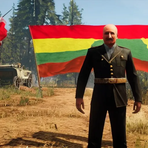 Image similar to Alexander Lukashenko with the belarussian flag in the background in Red Dead Redemption 2