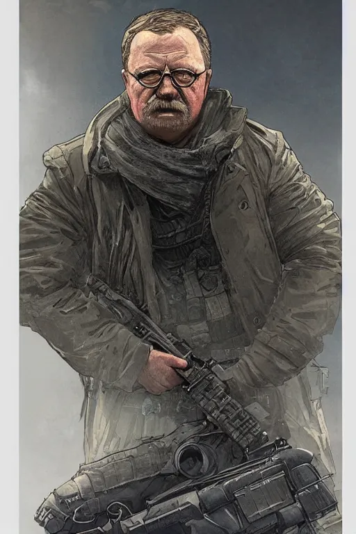 Image similar to Teddy Roosevelt. blackops spy in near future tactical gear, stealth suit, and cyberpunk headset. Blade Runner 2049. concept art by James Gurney and Mœbius.