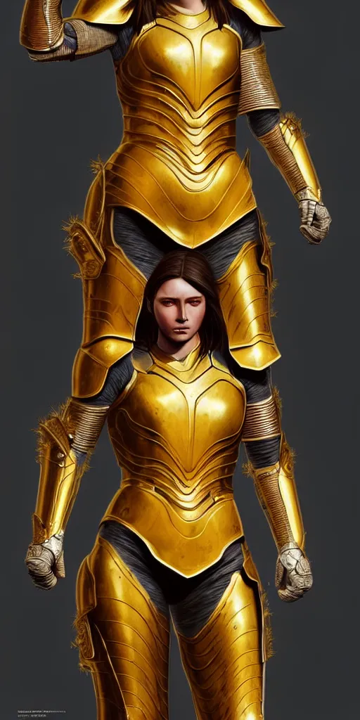 Image similar to professional digital art of a hyper realistic and highly detailed woman beautiful golden armor. accurate rending of one woman in armor. greg rutkowski, zabrocki, karlkka, jayison devadas, intricate, trending on artstation, 8 k, unreal engine 5, pincushion lens effect