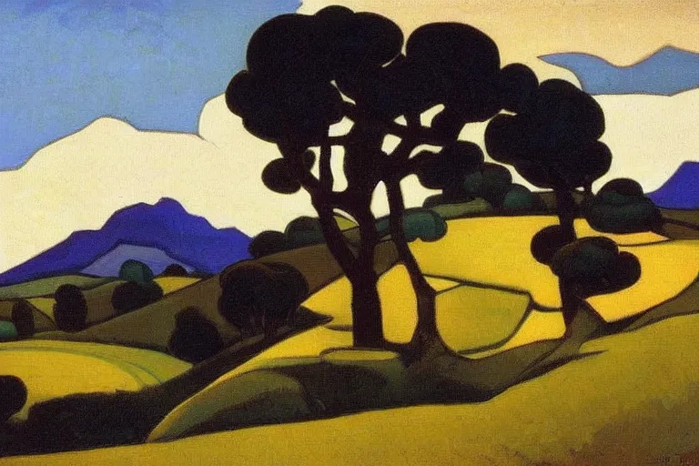 Image similar to masterpiece painting of oak trees on a hillside overlooking a creek, dramatic lighting, by nicholas roerich