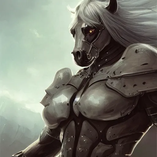 Image similar to an enormously muscular black - coated anthro horse wearing skintight armor, long white hair, high - tech facility background, highly detailed, digital painting, artstation, concept art, illustration, art by artgerm, greg rutkowski, wlop