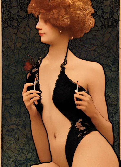 Prompt: a beautiful woman in a black lace swimsuit, smoking a cigarette, in a dark room, advertisement photography by mucha, extremely coherent, sharp focus, elegant, render, octane, detailed, award winning photography, masterpiece, rim lit