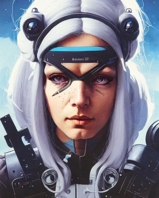 Image similar to ana from overwatch, eye patch, white hair, character portrait, portrait, close up, concept art, intricate details, highly detailed, vintage sci - fi poster, in the style of chris foss, rodger dean, moebius, michael whelan, and gustave dore