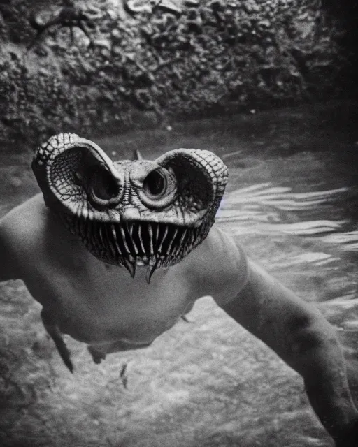 Image similar to terrifying reptile humanoid creatures of the abyss, lurking, waiting, hiding, in a shady public swimming pool, liminal spaces, ritual occult gathering, 3 5 mm film photo, film grain