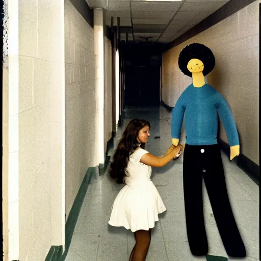 Image similar to teenage girl holds hands with inflatable toy boyfriend at high school, 1978 color Fellini film, in school hallway, dirty walls, archival footage, technicolor film, 16mm, live action, John Waters