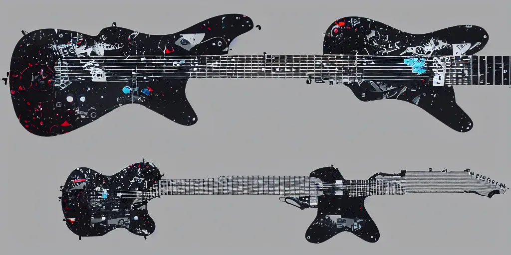 Image similar to cyberpunk telecaster guitar designs, trending on Artstation, 8K, ultra wide angle, pincushion lens effect