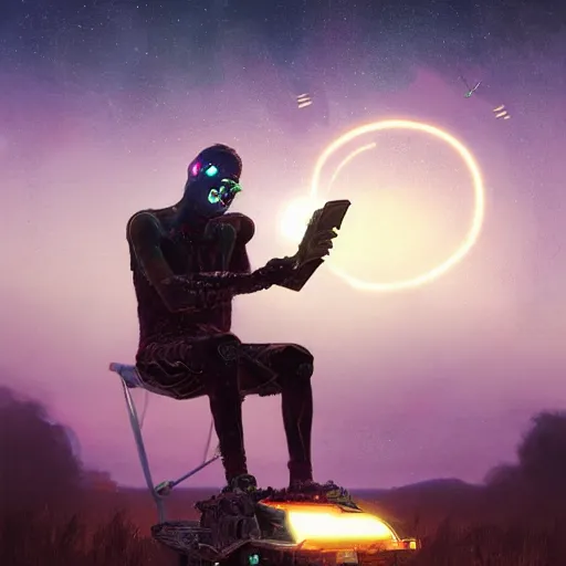 Prompt: a cyberpunk mursi elder sitting in a field watching a meteor shower with his hoverbike in the foreground by greg rutkowski and android jones in a cyberpunk style, oil on canvas, 8k, afrofuturism