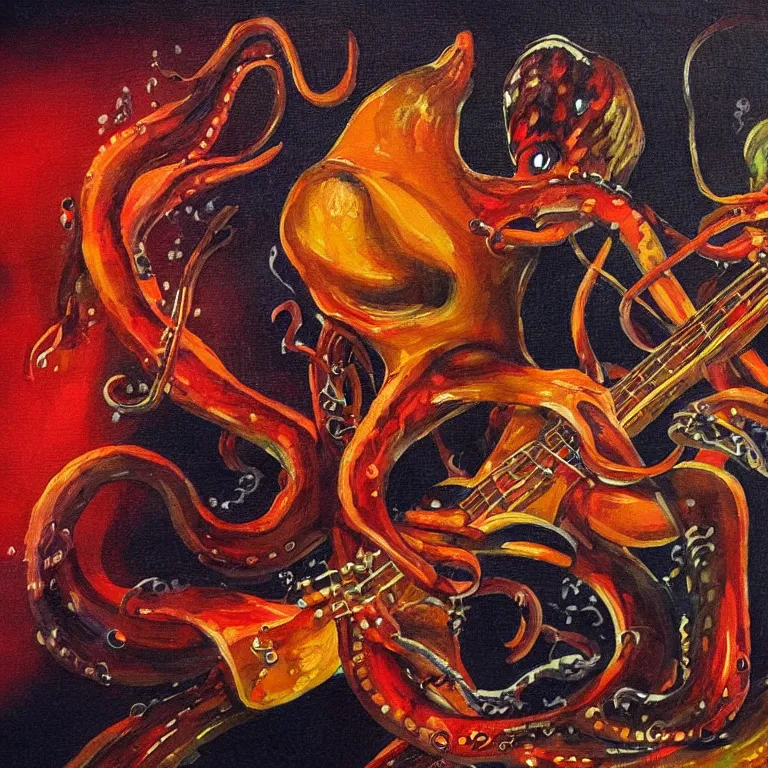 Prompt: a beautiful painting by zeen chin of an octopus playing drums and telecaster guitar in an electronic concert, dark background, concert light, dark mood, warm lights