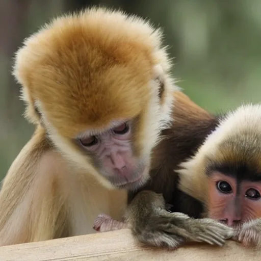 Prompt: capuchin monkey grooming golden retriever, picking lice meticulously