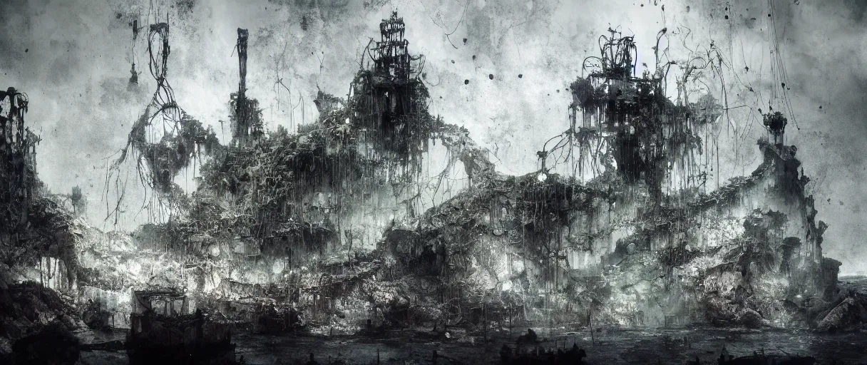 Prompt: wet collodion photography of sunken city of r'lyeh with non - euclidean geometry by emil melmoth zdzislaw beksinki craig mullins yoji shinkawa realistic render ominous detailed photo atmospheric by jeremy mann francis bacon and agnes cecile ink drips paint smears digital glitches glitchart
