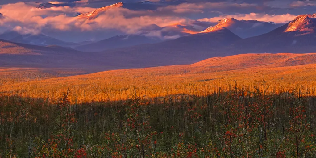 Prompt: yukon valley landscape in golden hour with red bearberry plants, high detail, high definition, photorealistic, 8k,