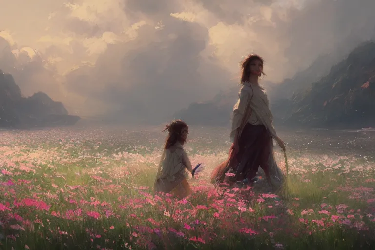 Image similar to a beautiful painting of the sea of flower, boy, girl, by greg rutkowski, trending on artstation