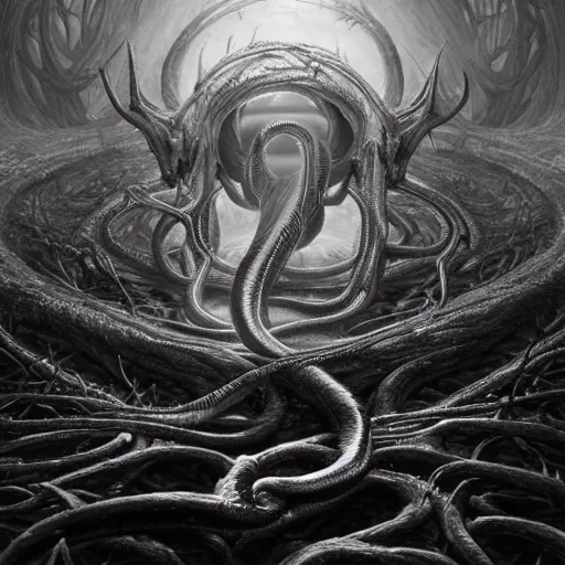 Prompt: Vicariously!!! I, live while the whole world dies, ultra realist soft painting of the world of Lovecraft Elden Ring and Giger, very intricate details, ultra dense fog, golden ratio, volumetric black and white lighting, reflections, refractions, symmetry accurate, octane render