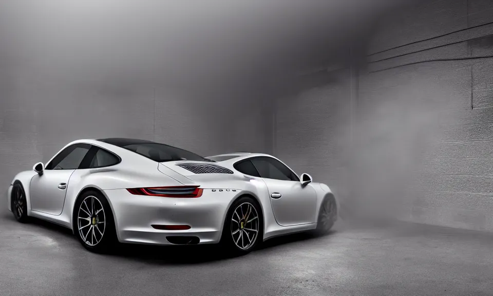 Prompt: photo of a porsche 911 standing in a garage with its headlights turned on, mist, volumetric light, 4k