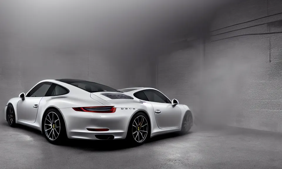 Image similar to photo of a porsche 911 standing in a garage with its headlights turned on, mist, volumetric light, 4k