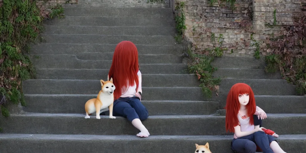 Image similar to a girl with red hair, sitting on stairs with a shiba inu, watching the sun set. anime, intricate details, 4k —steps 100