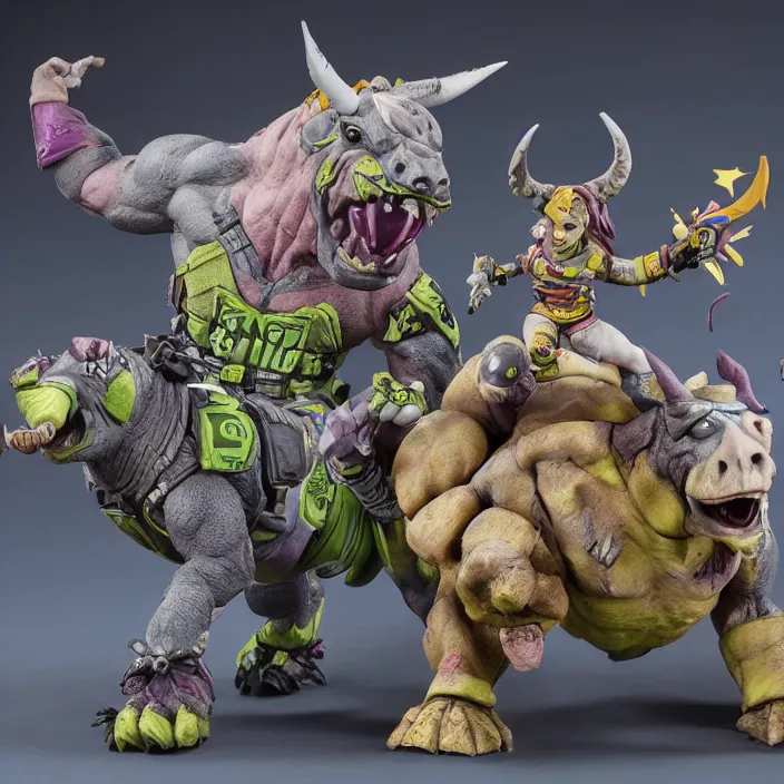 Image similar to a detailed figure of beebop and rocksteady, first 4 figures, detailed product photo