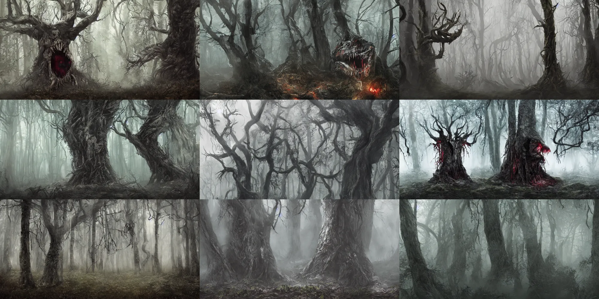 Prompt: dark forest shrouded in mist, a tree with bloody fanged mouth gaping open fangs visible, mouth agape on tree trunk with fangs, forbearing, oppressive, epic composition, digital art, concept art, 4 k, highly detailed