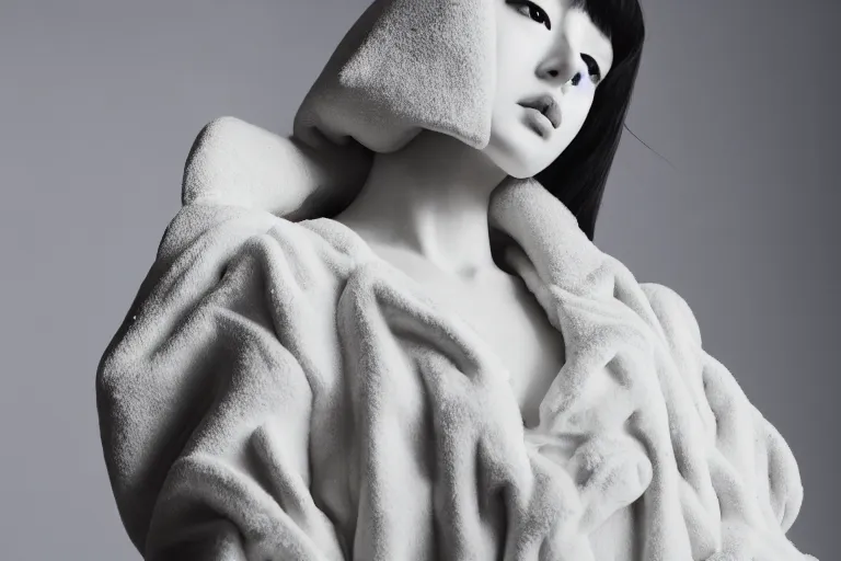 Image similar to well lit fashion shoot portrait of extremely beautiful female marble statue wearing huge over size puffer jacket by dingyun zhang, yeezy, balenciaga, vetements, a cold wall, sharp focus, clear, detailed,, cinematic, detailed, off white, glamourous, symmetrical, vogue, editorial, fashion, magazine shoot, glossy