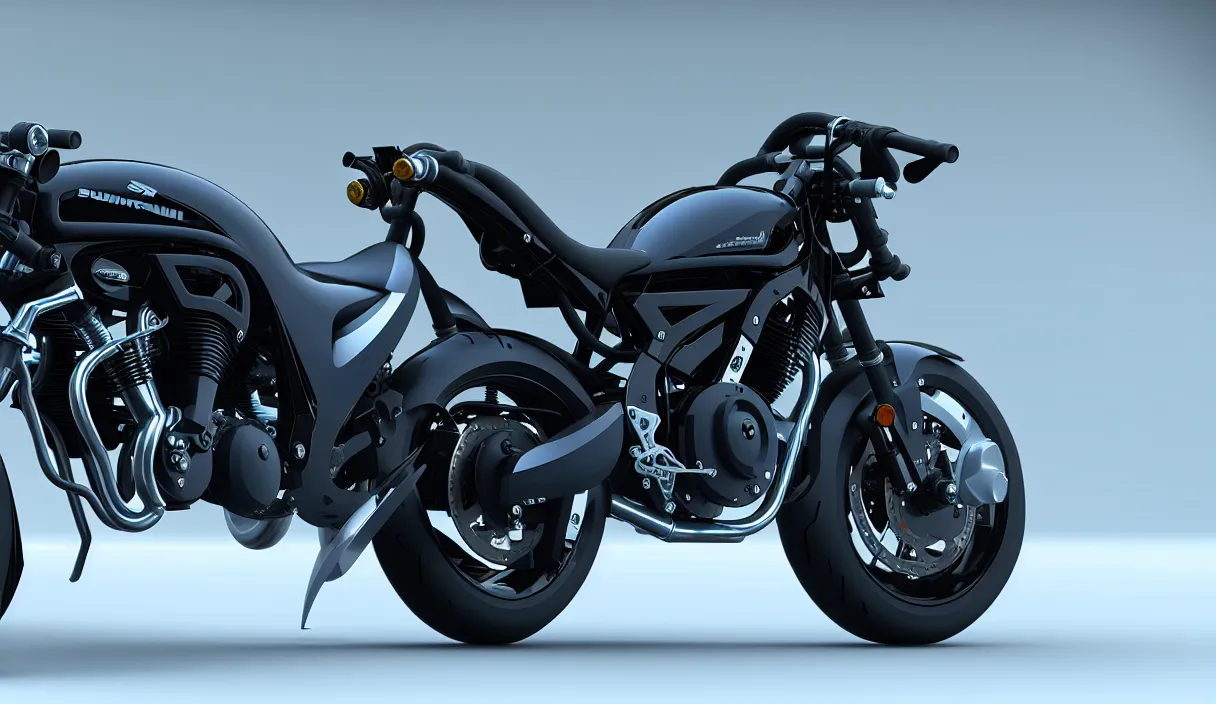 Image similar to futuristic version of suzuki bandit bike, high detail design, volumetric lighting, from new movie by digital domain and weta digital, strong ambient occlusion