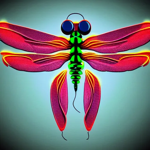 Image similar to a painted neon art dragonfly symmetrical high resolution fantasy