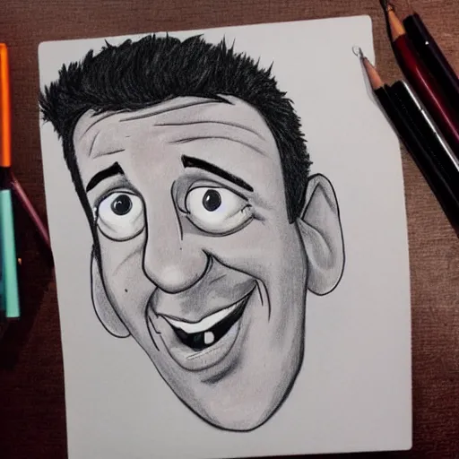 Image similar to a caricature drawing of adam sandler