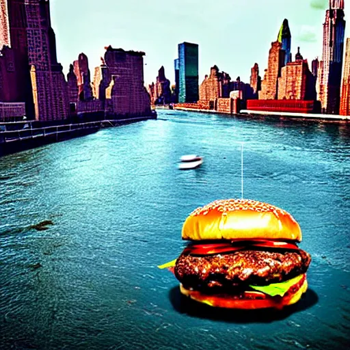 Prompt: giant delicious burger and fries splashes into New York city river, mind-bending digital art, macro photography 25mm, hollywood movie cinematic helicopter view