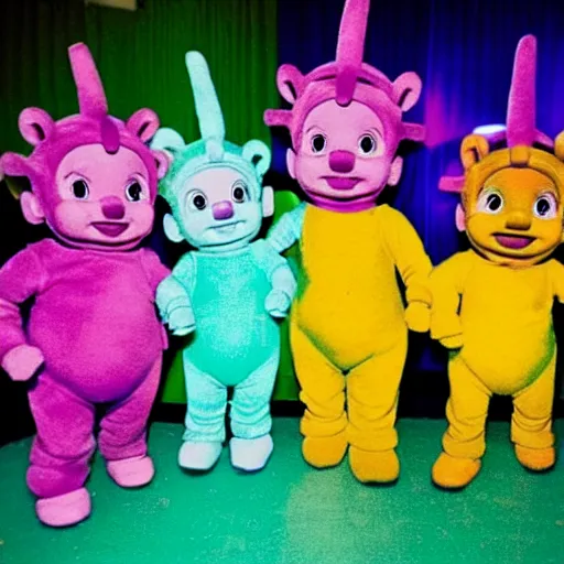 Prompt: teletubbies dressed in adidas in a rave party