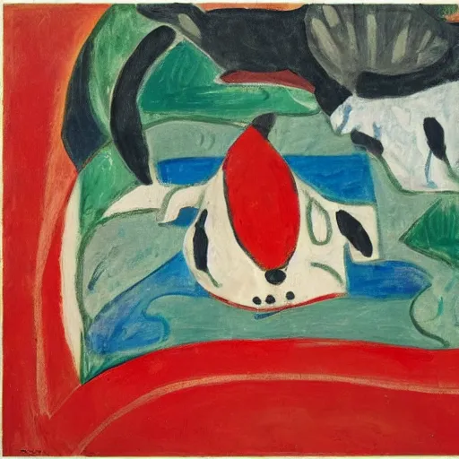 Image similar to dog with red fishes, by matisse, oil on canvas