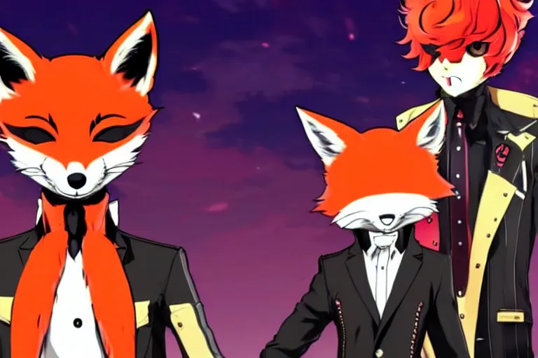 Image similar to a furry tan male fox on a persona 5 : royal ( by atlus ) video game splash screen, a furry male sandcolored tan fox fursona ( has hair ), persona 5 phantom thief style