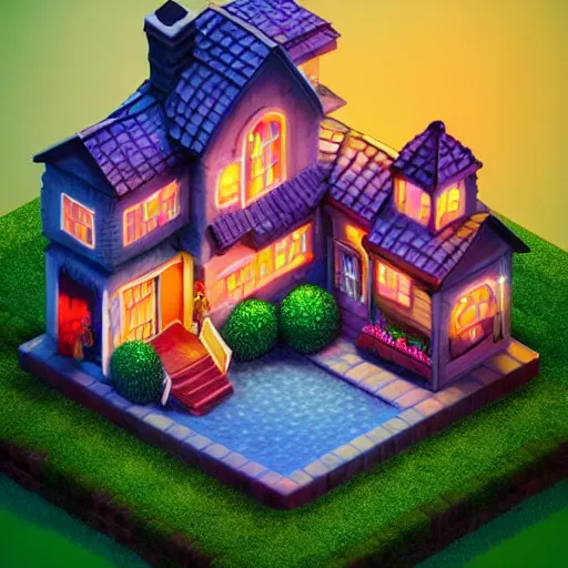 Image similar to Isometric 3D Fantasy Cute House, 3D Illustration, game art, very realistic, no background, 4k, 3D character, very colourful, cinematic lighting, soft neon, CGI render, trending on Behance