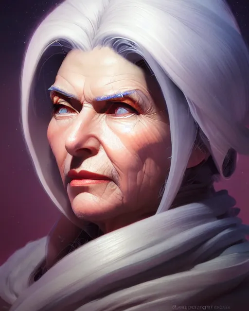 Image similar to ana from overwatch, older woman, gray hair, character portrait, portrait, close up, highly detailed, intricate detail, amazing detail, sharp focus, vintage fantasy art, vintage sci - fi art, radiant light, caustics, by boris vallejo