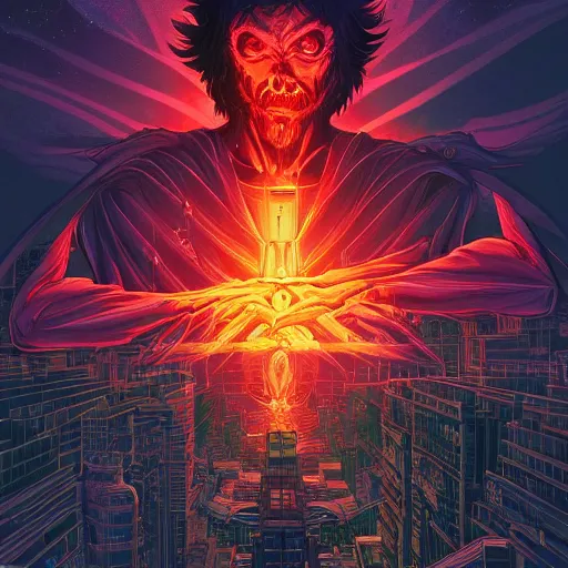 Image similar to the second coming of boogie man by dan mumford, yusuke murata, makoto shinkai, ross tran, cosmic, heavenly, god rays, intricate detail, cinematic, 8 k, cel shaded, unreal engine, featured on artstation, pixiv