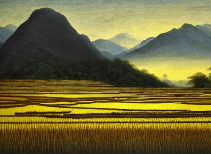 Image similar to painting of a rice paddy with two big mountains in the background, a wide asphalt road!!!! divides paddy field in the middle composition, big yellow sun rising between 2 mountains, oil painting by old master masterpiece