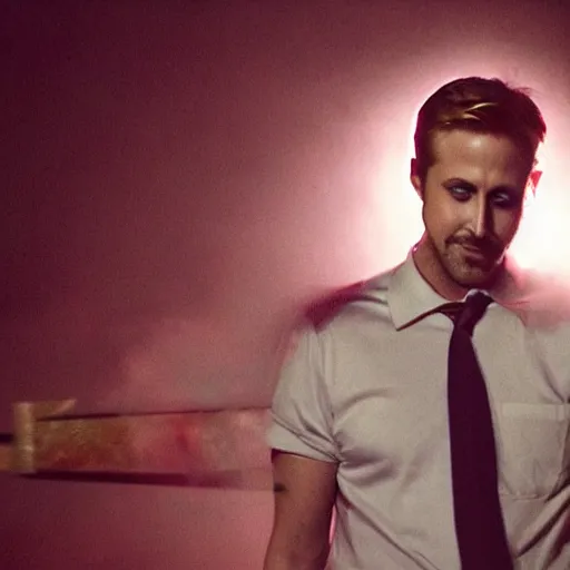 Prompt: Ryan gosling in Drive (2011) holding a baseball bat on his left hand and a goose mask on his right hand, grain, night, illuminated by a street light, atmospheric