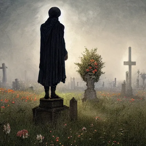 Prompt: The last spirit living in the cemetery, flowers, illustrated by Greg Rutkowski and Caspar David Friedrich