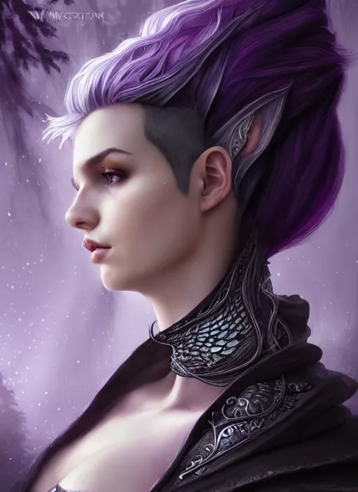 Image similar to side portrait beautiful german woman, adventurer outfit large cloak, fantasy forest landscape, dragon scales, fantasy magic, undercut hairstyle, short purple black fade hair, dark light night, intricate, elegant, sharp focus, illustration, highly detailed, digital painting, concept art, matte, art by wlop and artgerm and ivan shishkin and andrey shishkin, masterpiece