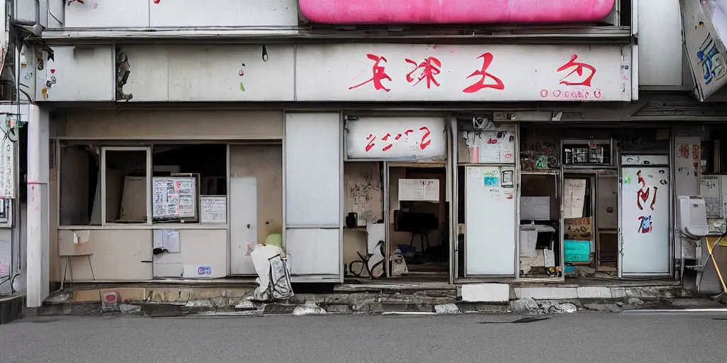 Prompt: an exterior of an abandoned internet cafe in japan, with the japanese sign and art of people playing computers