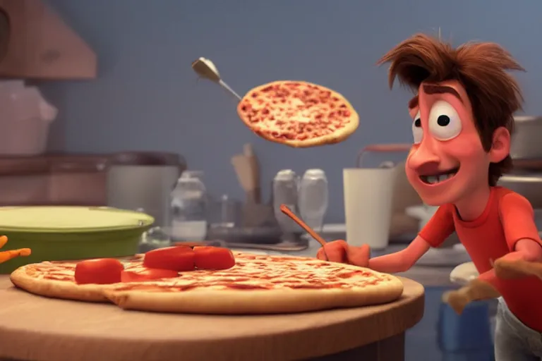 Image similar to still from a Pixar movie of Joe Keery making a pizza, high quality 3d render, movie, Pixar, Renderman, 4k, artstation