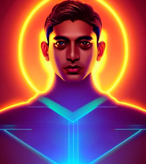 Image similar to symmetry!! indian prince of technology, solid cube of light, hard edges, product render retro - futuristic poster scifi, lasers and neon circuits, brown skin handsome indian prince, intricate, elegant, highly detailed, digital painting, artstation, concept art, smooth, sharp focus, illustration, dreamlike, art by artgerm