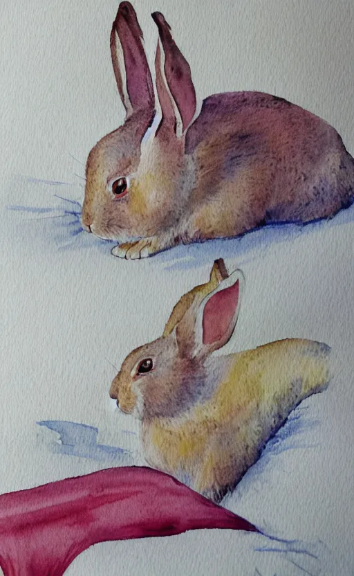 Prompt: watercolor illustration of a rabbit in pajamas falling asleep, tucked in bed