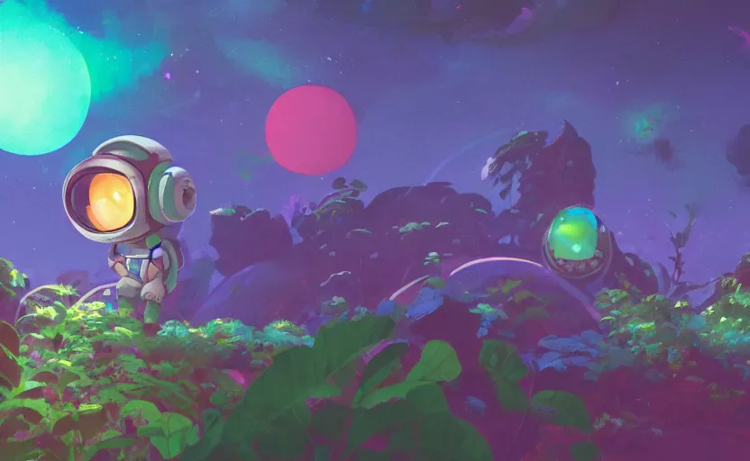 Prompt: a still of a cute adorable tiny astronaut, on a planet of lush colorful foliage surrounded by monster dragons, magical forest, sharp focus, neon backlit, highly detailed, disney pixar studio ghibli makoto shinkai, digital painting, matte, octane render, cinematic volumetric lighting, global illumination, iridescent, anime, 8 k concept art